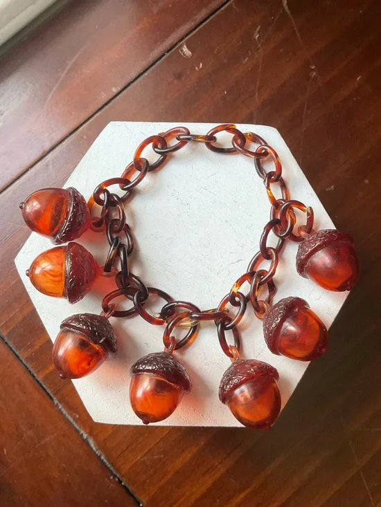Vintage Antique Celluloid Acorn Charms Link Faux Tortoise Shell Bracelet - Picture 2 of 9